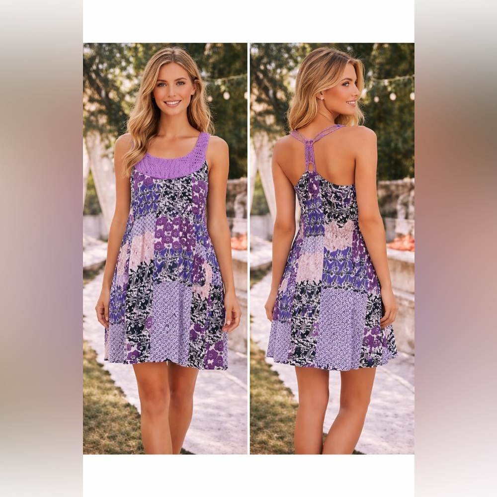 Vintage Wet Seal Y2K Patchwork Crotchet Purple Summer Dress Sz M Bohemian Hippie